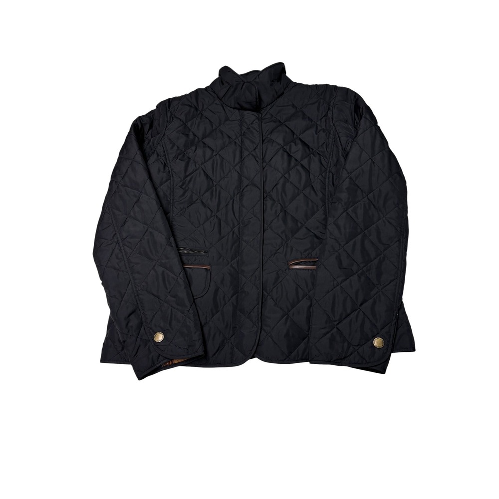 Lauren Ralph Lauren Black Quilted Jacket Equestrian Print Womens L Mock Neck